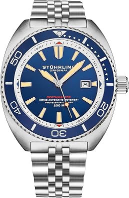 Stuhrling Original Swiss Automatic Depthmaster Diver Watch 45 MM Stainless Steel Case with Rotating Unidirectional Bezel and Stainless Steel Bracelet Water Resistance up to 200 Meters Silver
