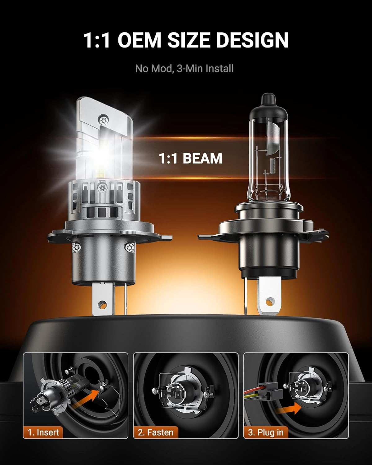SEALIGHT H4 40000LM Super Bright H4 Light Bulbs, 1:1 Mini S1 9003 Fog Driving Bulbs, 20000RPM Cooling Fan H4/9003 Bulb, IP67, 3MIN Play and Plug, Pack of 2