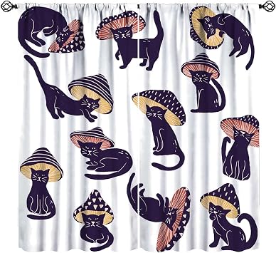 Cat Curtains Funny Abstract Mushroom Cat Art Printed Blackout Window Drapes for Cat Lovers Bedroom Living Room Decor Fabric Set 2 Panel 42x45 Inch 30% Shading Rate