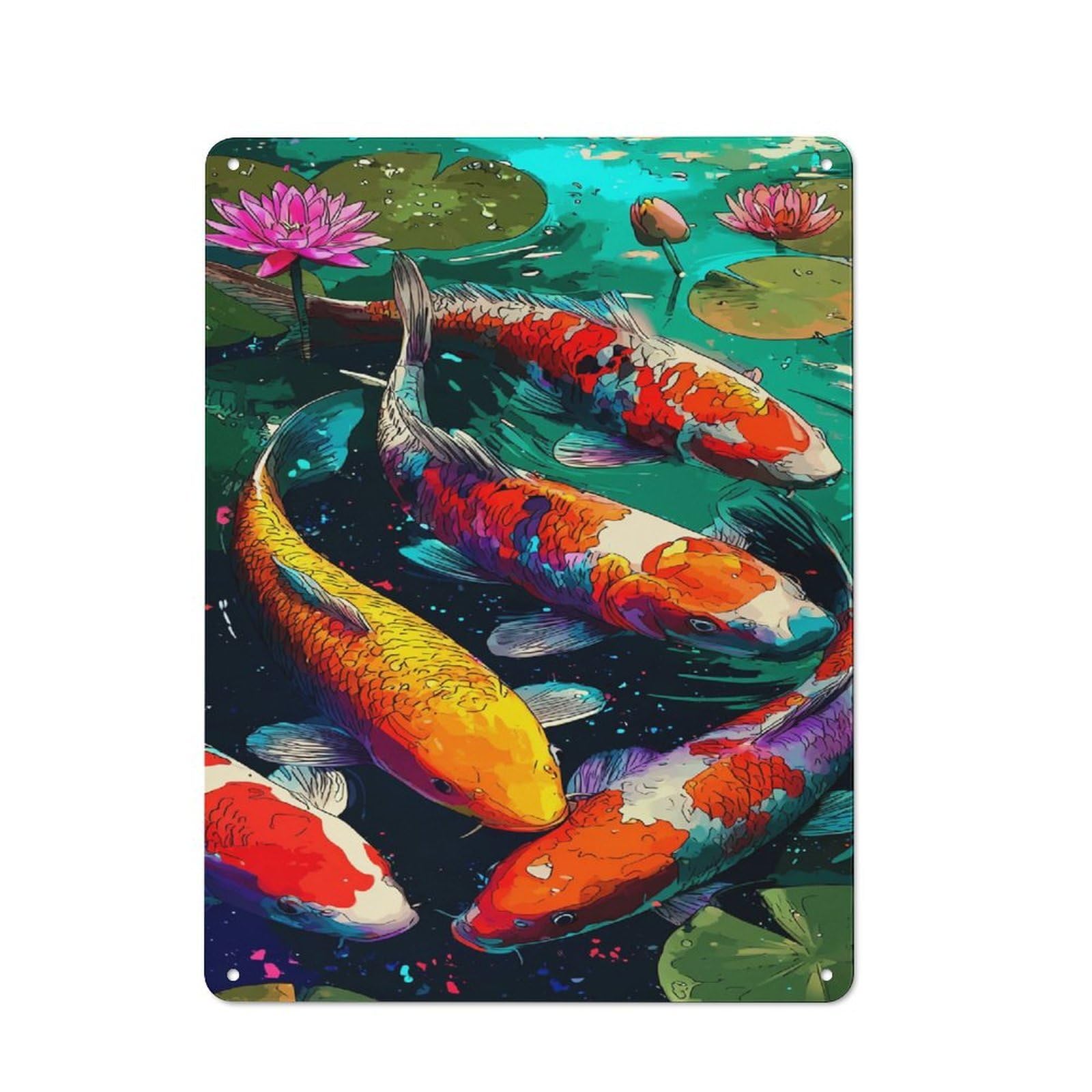 Junmoney Colorful Koi Fish Pond Vintage Tin Sign 40X30cm With For Studio Or Craft Room, A Winter Wall Decor Update For Creative-Space Collectors