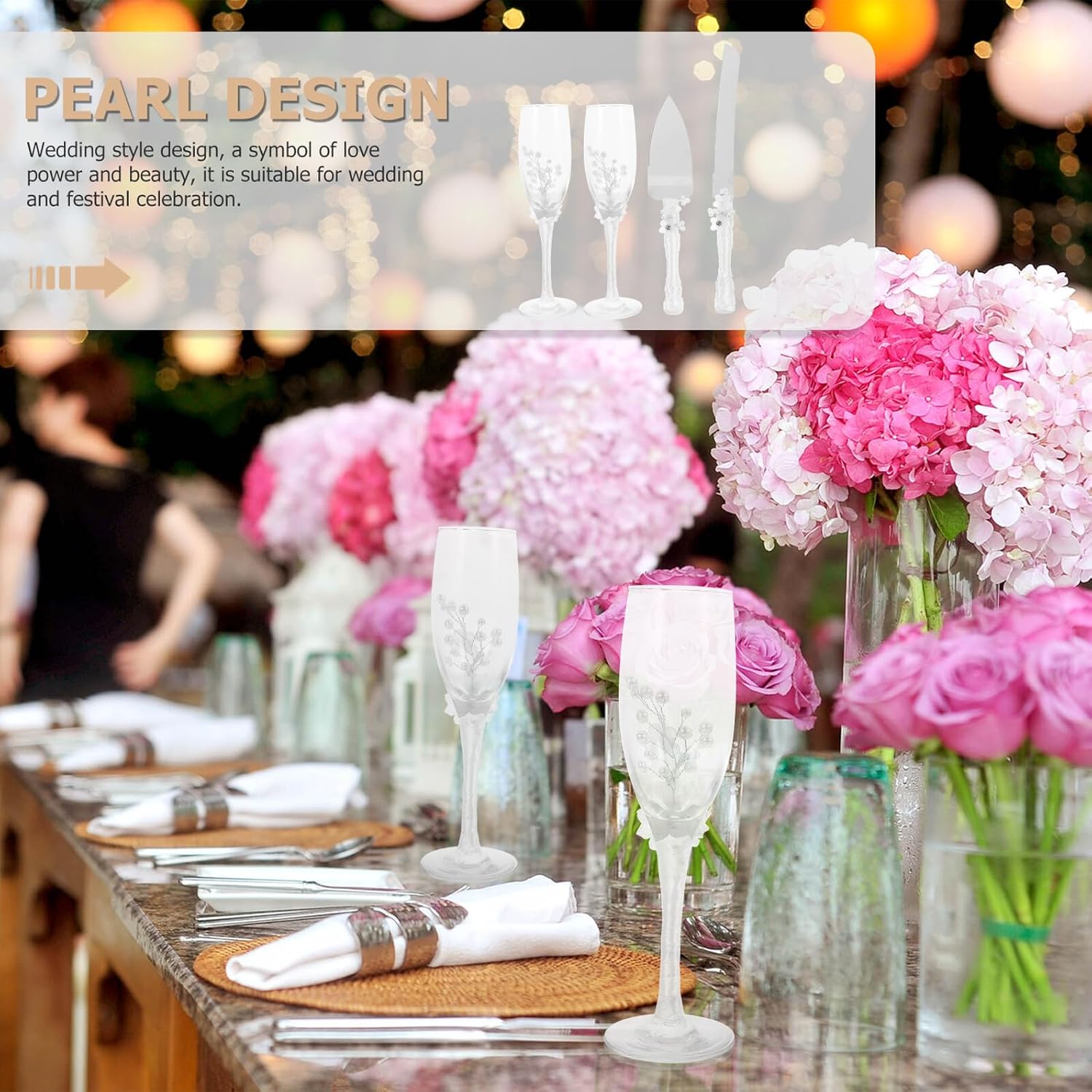 Wedding Cake Knife and Sever Set, Banquet Cake Cutter Anti-Rust Tool and Elegant Pearl Wedding Flutes for Party Supplies