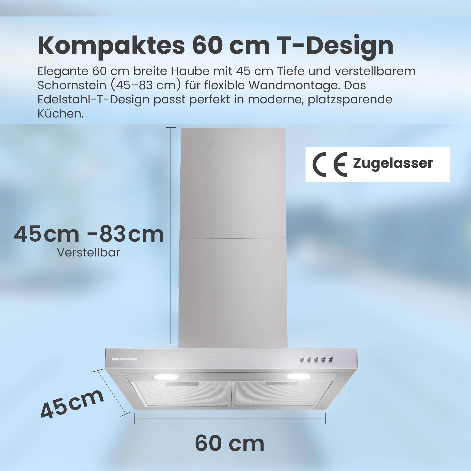HDCH-360TSS 60cm T-Form Dekorative Dunstabzugshaube - 308m³/h, 3 Geschwindigkeiten, Edelstahl mit Dual LED, 5 Jahre Garantie