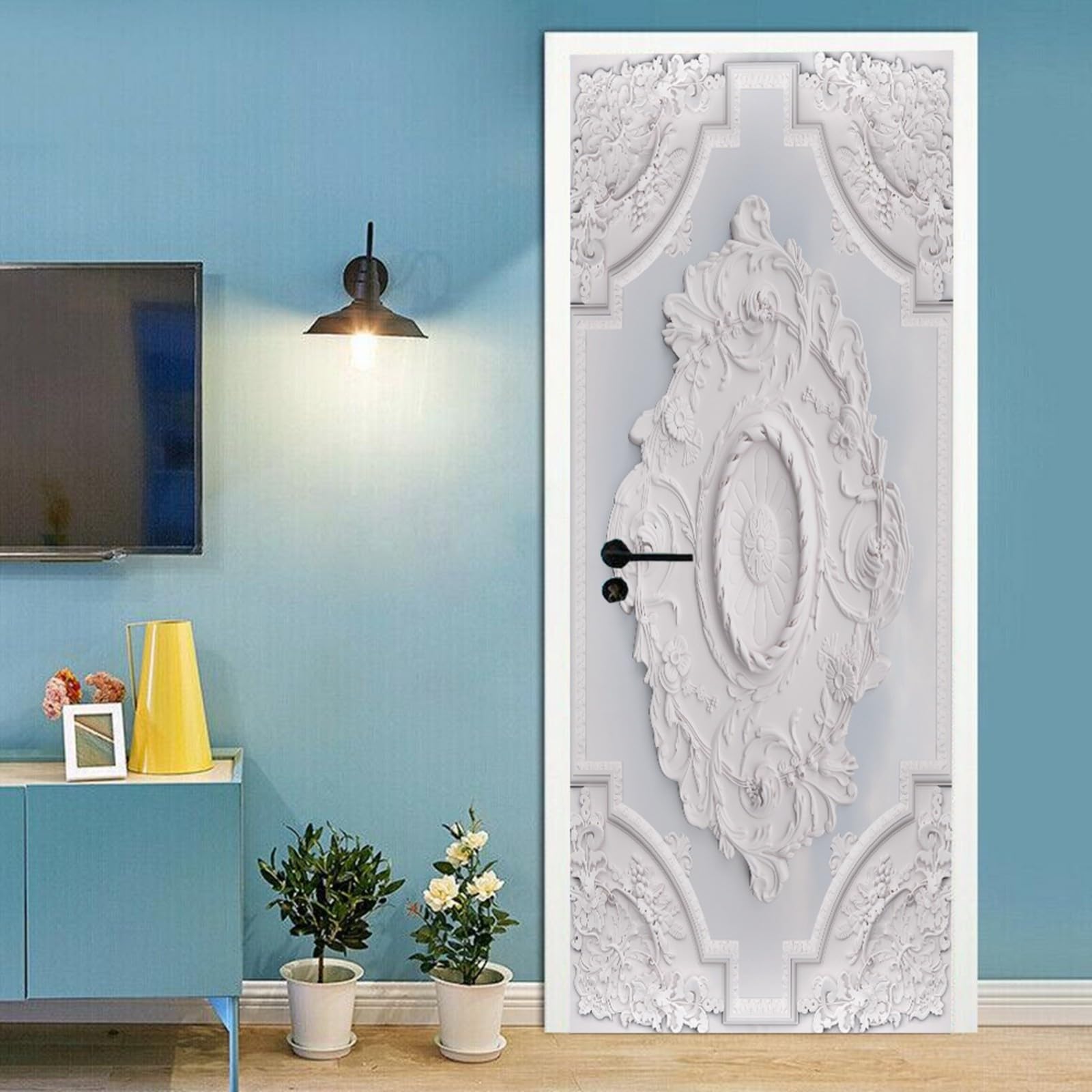 A.Monamour 3D Door Stickers for Interior Doors Luxury White Wall Design with Flowers Relief Moldings Vinyl Waterproof Self Adhesive Door Mural Decals for Bedroom Office Bathroom 85x215cm