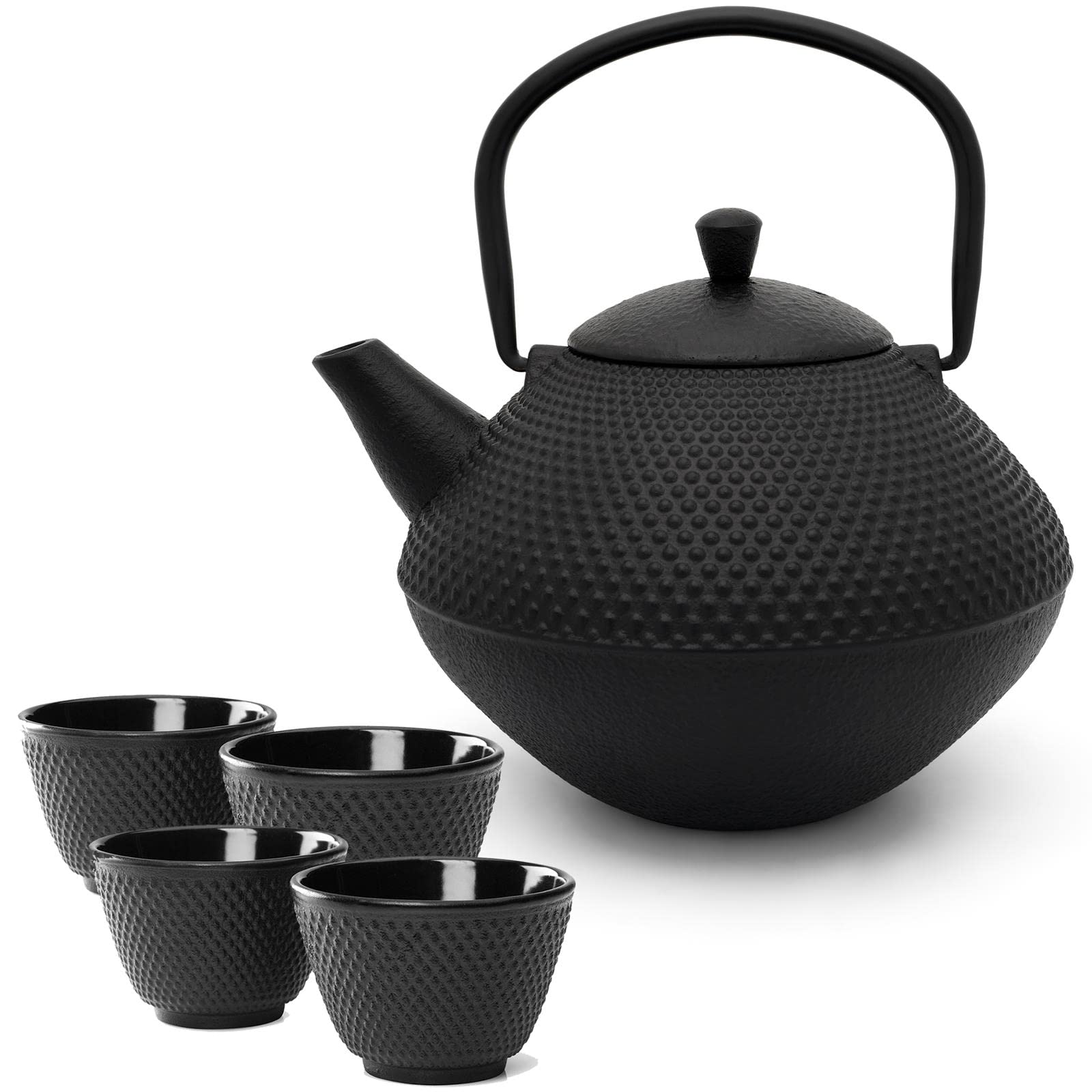 Bredemeijer Teekanne Set Gusseisen 1.0 Liter - mit Edelstahl Tee-Filter Sieb-Einsatz - 4 Teebecher (Tassen) - traditionelles 5-teiliges Teeset für losen Tee
