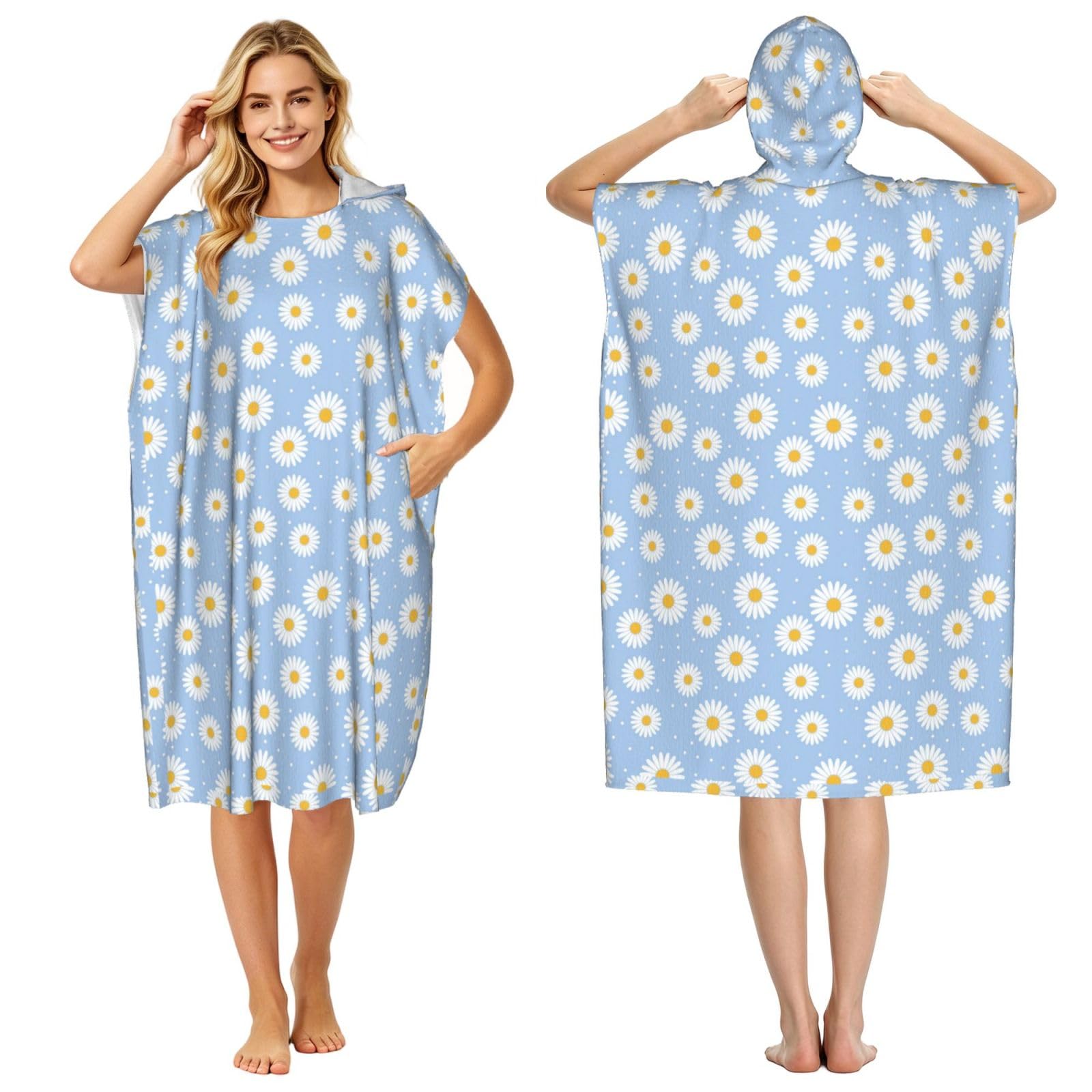Poadnly Daisies On A Blue, Adult Hooded Beach Towel 90 x 110 cm,Changing Bath Robe, Surf Poncho Towel For Women Men