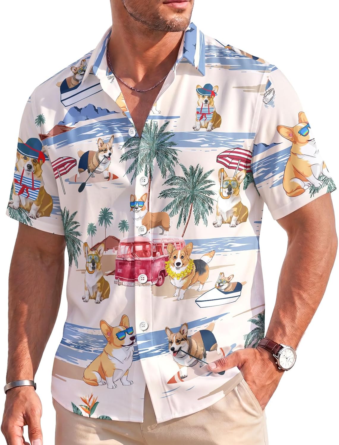 Dog Hawaiian Shirt for Men, Summer Vacation Dog Men's Button Shirt, Aloha Beach Casual Short Sleeve Shirt Unisex