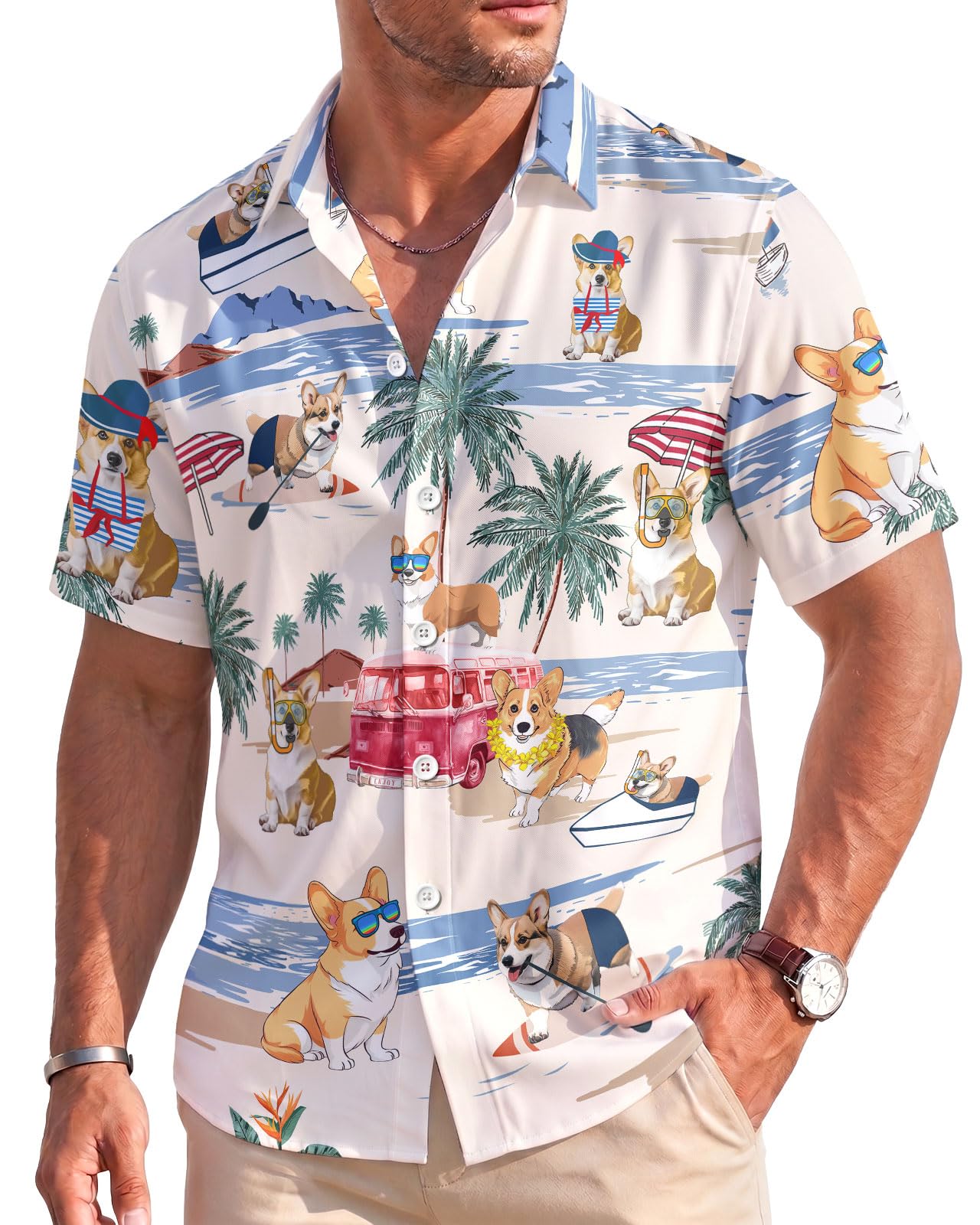 Dog Print Button Shirt, Dog Lover Summer Hawaiian Shirt, for Pet Owners, Corgi, M โ image 1