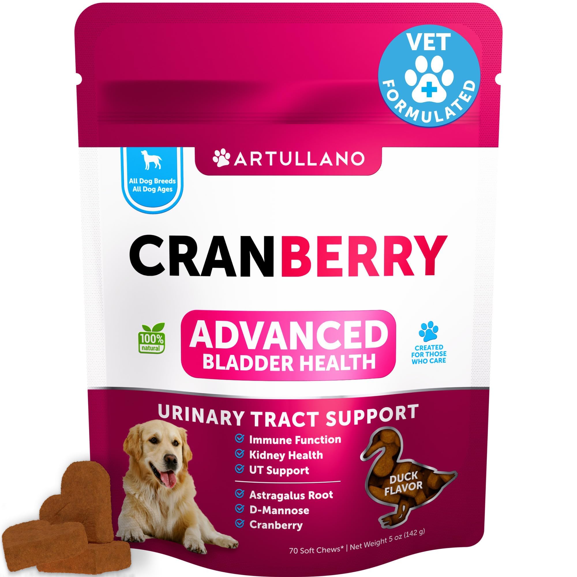 Dog UTI Treatment - Cranberry Supplement & Bladder Control for Dogs - Urinary Tract Infection Incontinence Pill, Bladder Stones - UTI Medicine Treats - 70 Soft Chews for Kidney Support with Fish Oil
