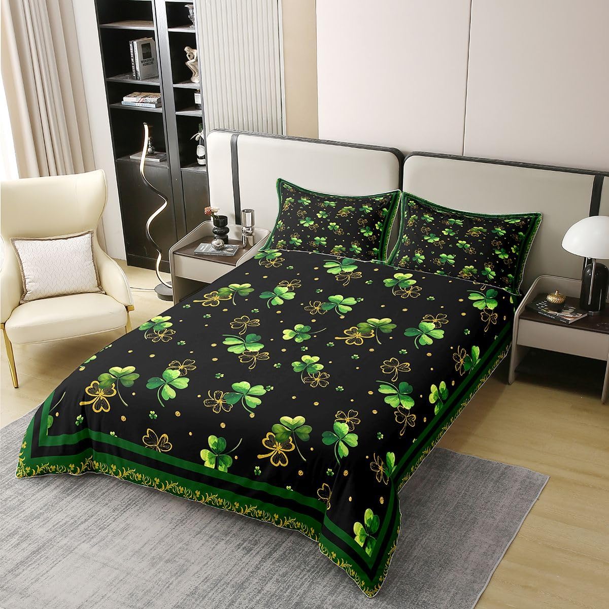 St. Patrick's Day Bedding Set King Size Cover 100% Cotton,Four-leaf Clover Geometric Dot Patchwork Room Decor,Leaves Western Exotic Duvet Cover Set，Black Green Quilt Cover,2 Pillowcases(No Filler)