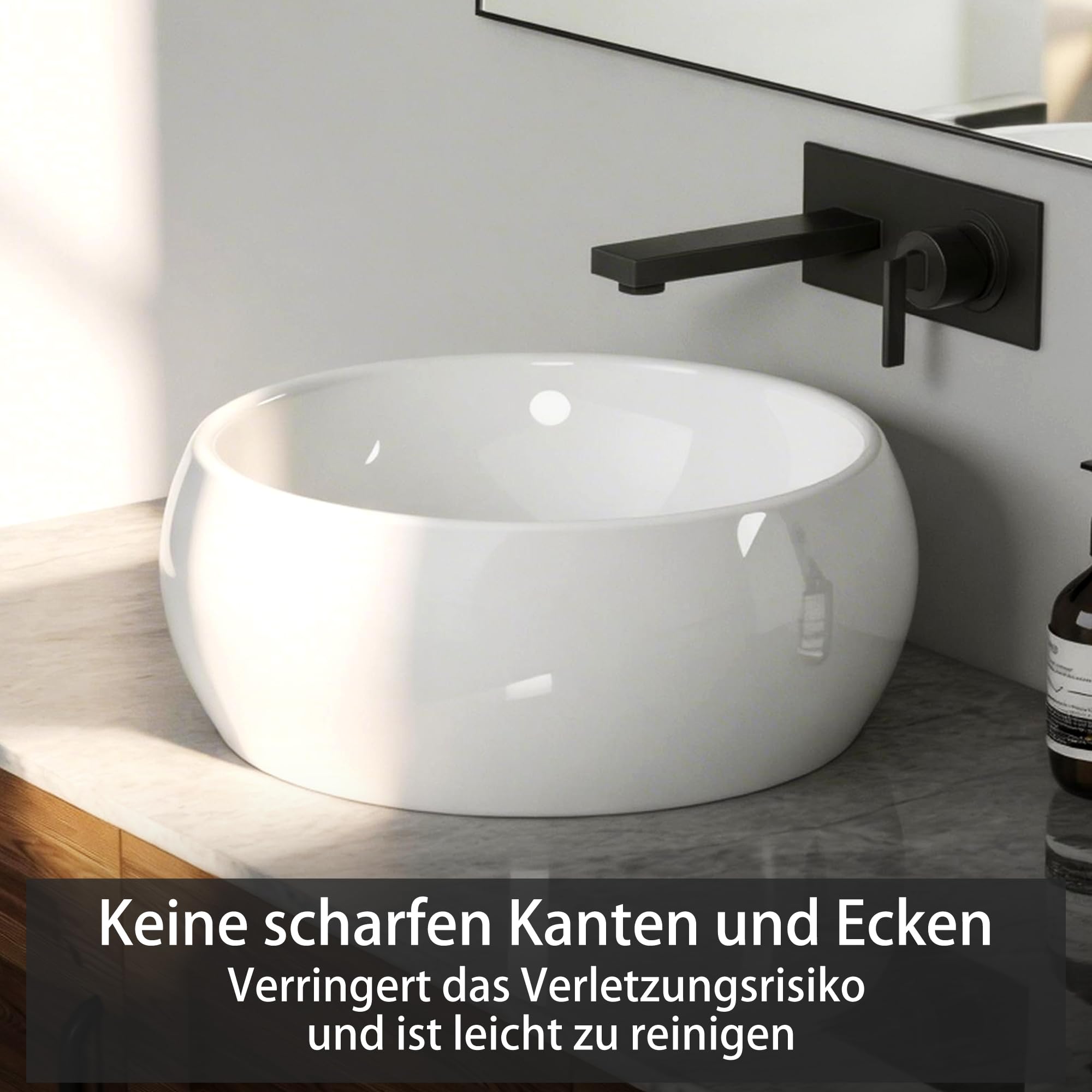 NUESTRA VIDA Lavabo de Cerámica para Baño, Lavabo Sobre Encimera Lavamanos Redondo de Baño 40 × 40 ×15,5cm, Ideal para Poner Sobre Encimera de Muebles de Baños y Aseos