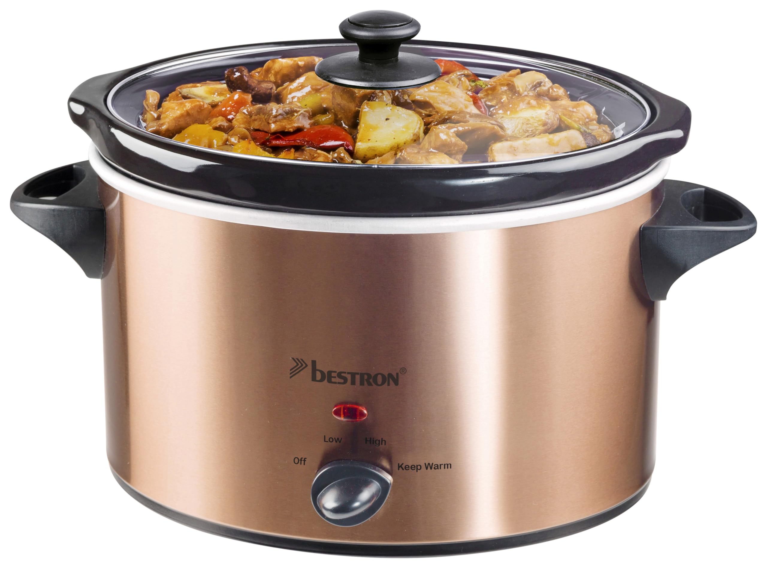 Bestron Slowcooker per 4 persone, con padella in ceramica e coperchio in vetro, termostato a 3 livelli, ideale per molti piatti come carne, zuppe e verdure, 3,5 litri, collezione di rame