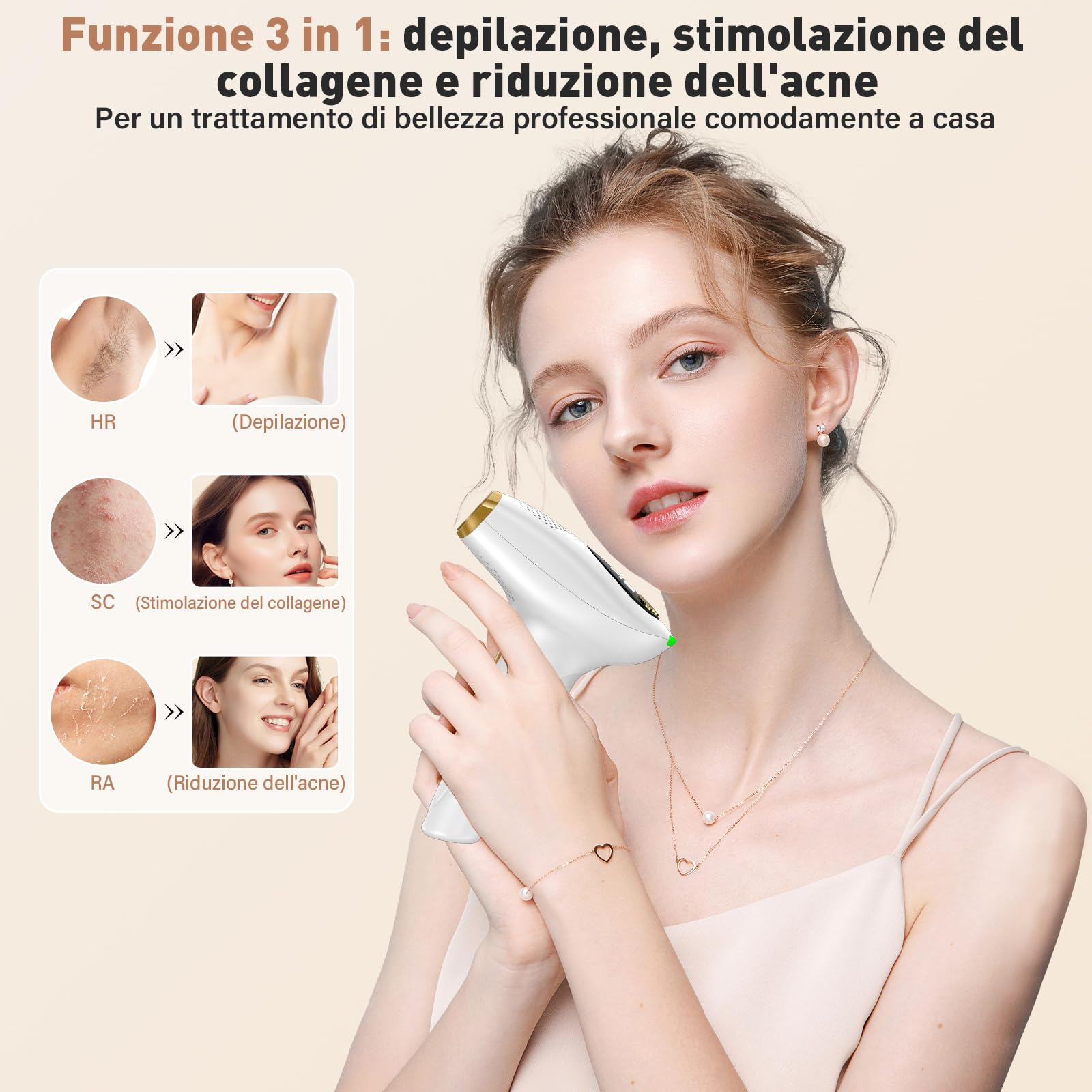 NIKYJM Epilatore Luce Pulsata IPL con Raffreddamento, 3 in 1 HR/SC/RA 9 Livelli di Energia per Donne Uomo Ascelle Gambe Corpo