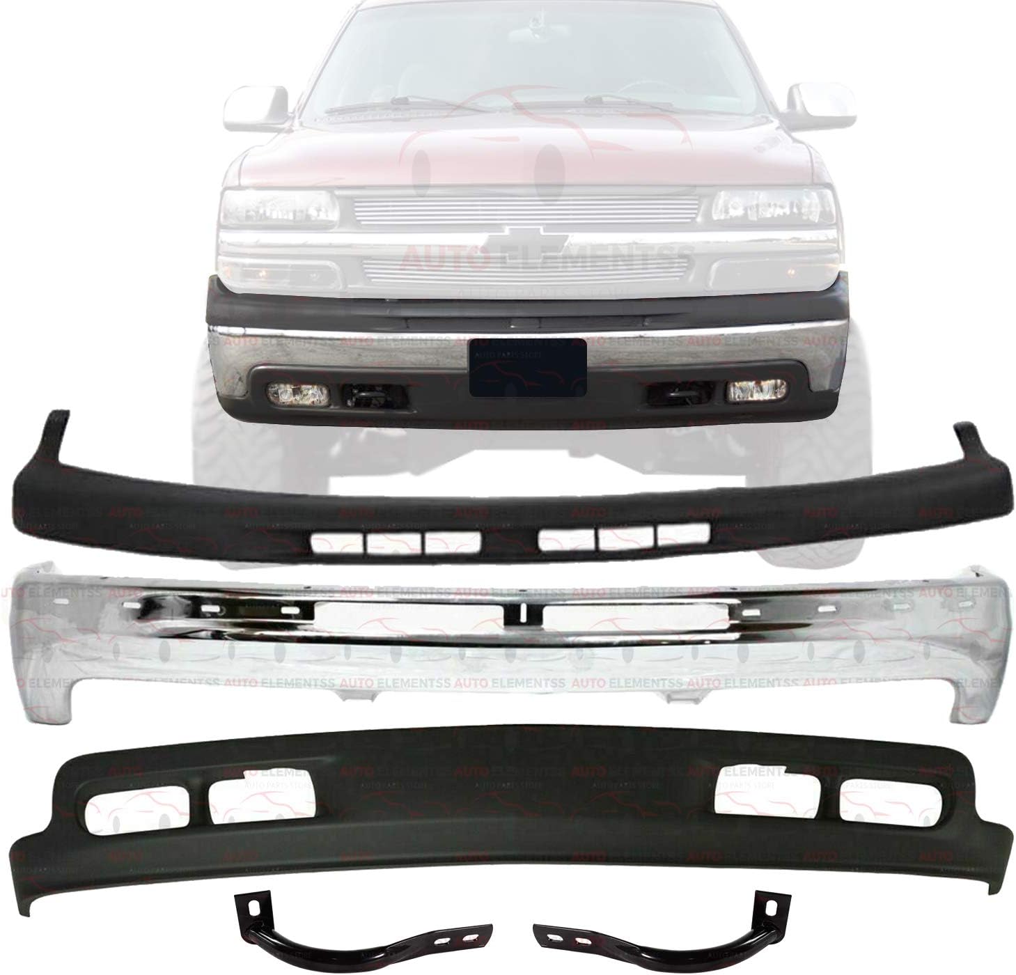 Front Bumper Chrome Steel + Upper Cover Trim + Lower Valance Air Deflector + Outer Braces Brackets For 1999-2002 Chevrolet Silverado 1500/2000-2006 Tahoe Suburban