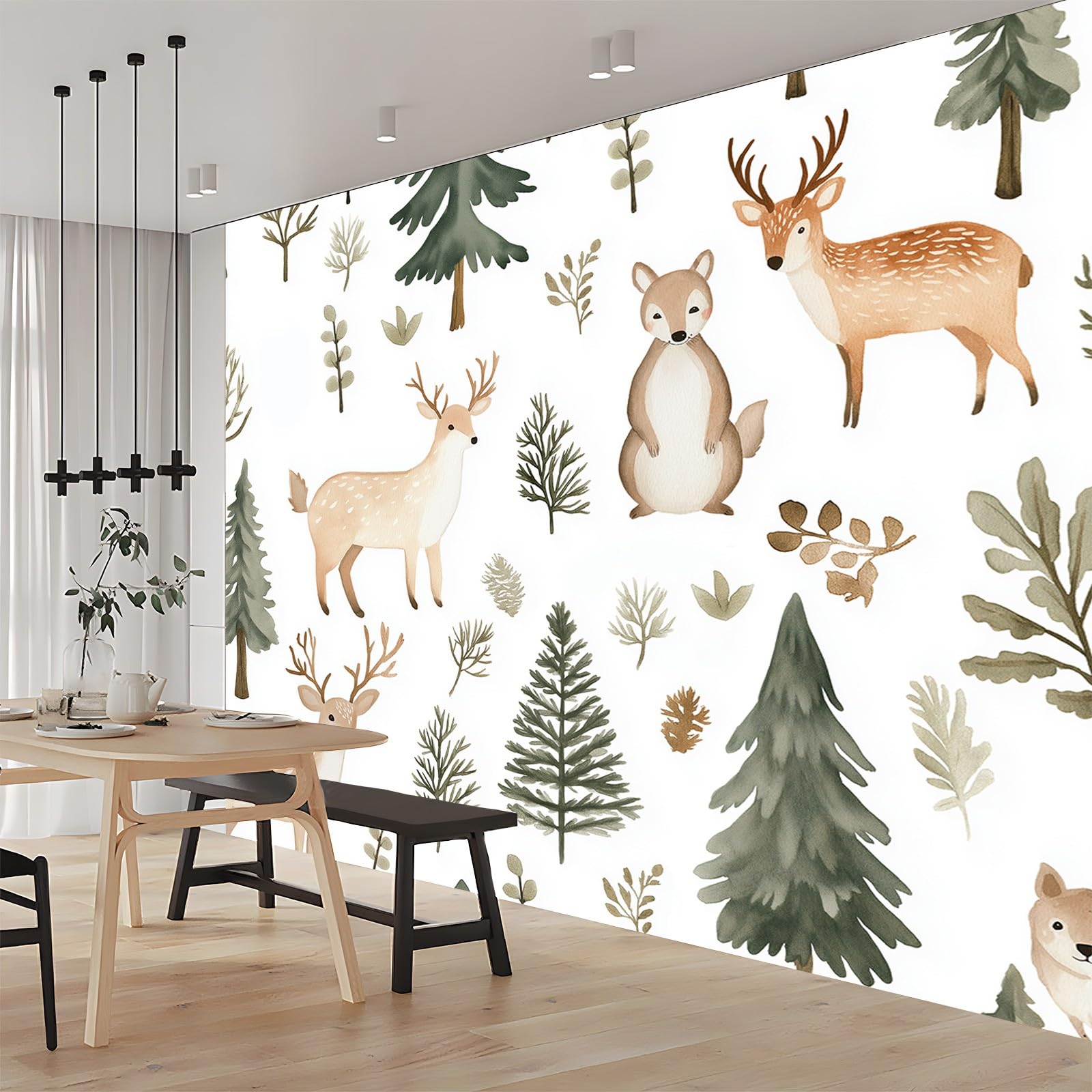 Tapety 350 x 256 cm Nowoczesna Akwarela Tapety Zwierzęta i drzewa Włóknina Dekoracja ścienna Wystrój domu Malarstwo Ścienne Biały Zielony Do Salonu Sypialnia Dekoracje Ścienne