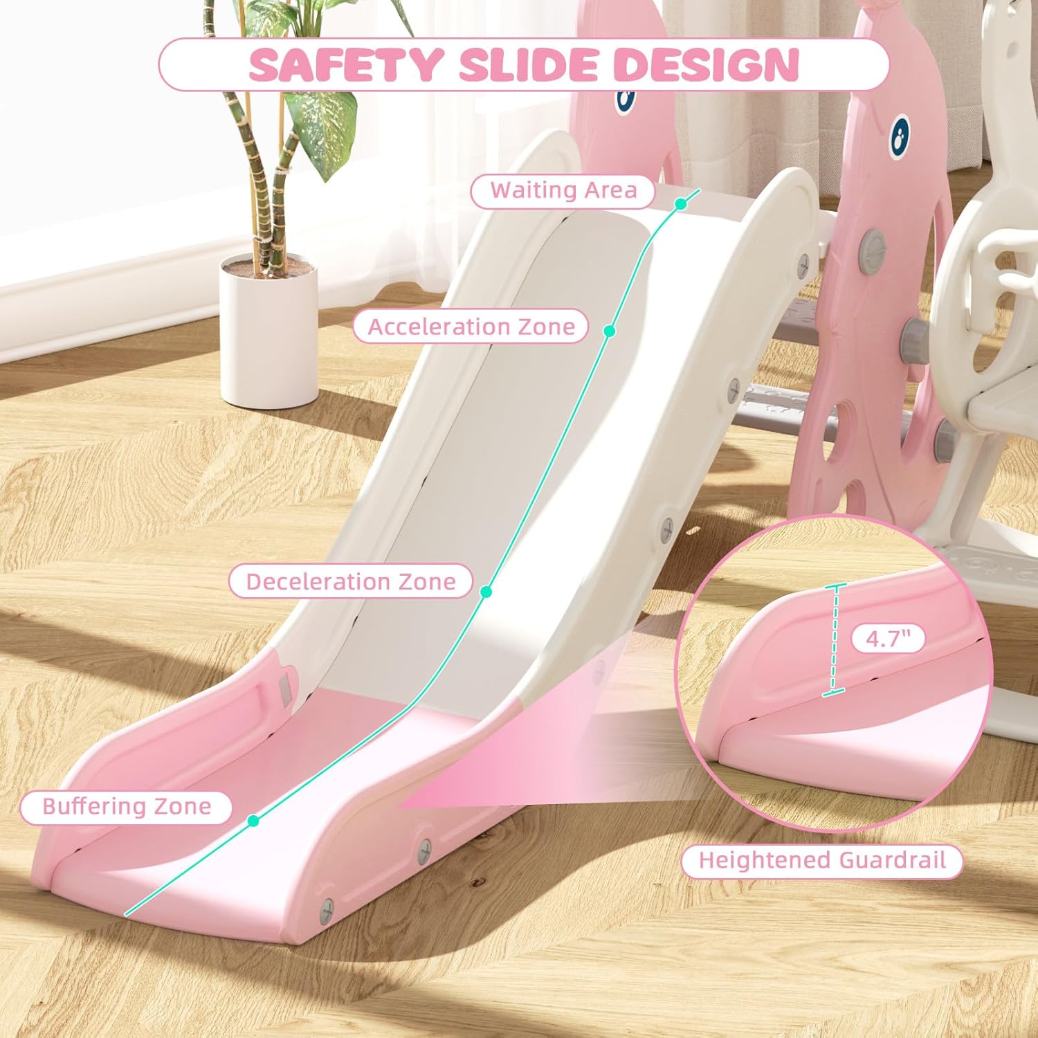 Glaf 6 in 1 Toddler Slide and Swing Set Toddler Outdoor Playset Kids Slide for Toddlers 1-3 Baby Slide with Basketball Hoop,Swing,Climber Toys for 1 Year Old Indoor Playground (Light Pink)