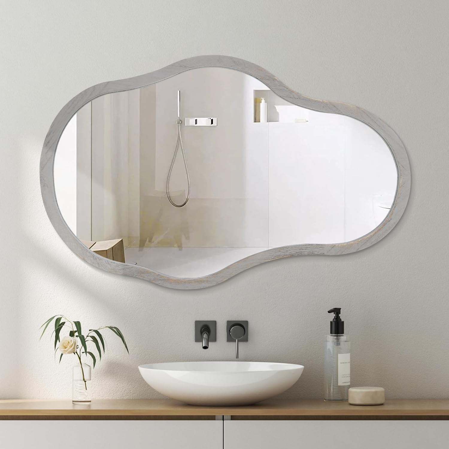 Espejo De Pared Asimétrico 80x58 Cm - Marco MDF Negro Mate, Diseño Moderno Para Baño O Salón