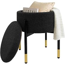 Round Ottoman with Storage, Soft Velvet Vanity Stool, Ottoman Coffee Table with Metal Legs, Foot Stool for Living Room Bedroom, Black