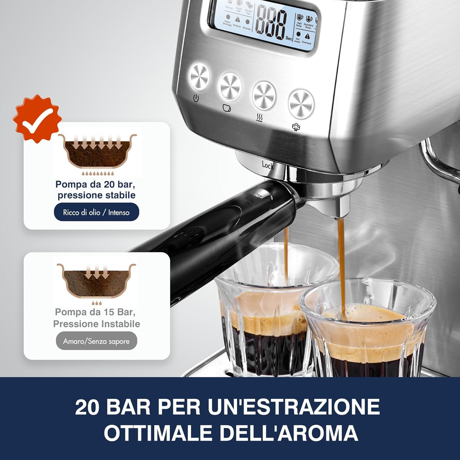 AMZCHEF 1350W Macchina da Caffè Espresso Manuale e Cappuccino, 20 Bar Macchina Caffè Polvere con Serbatoio Estraibile 1,3L, Pannello LCD, Portafiltro 2 in 1 [Classe di efficienza energetica A+++]