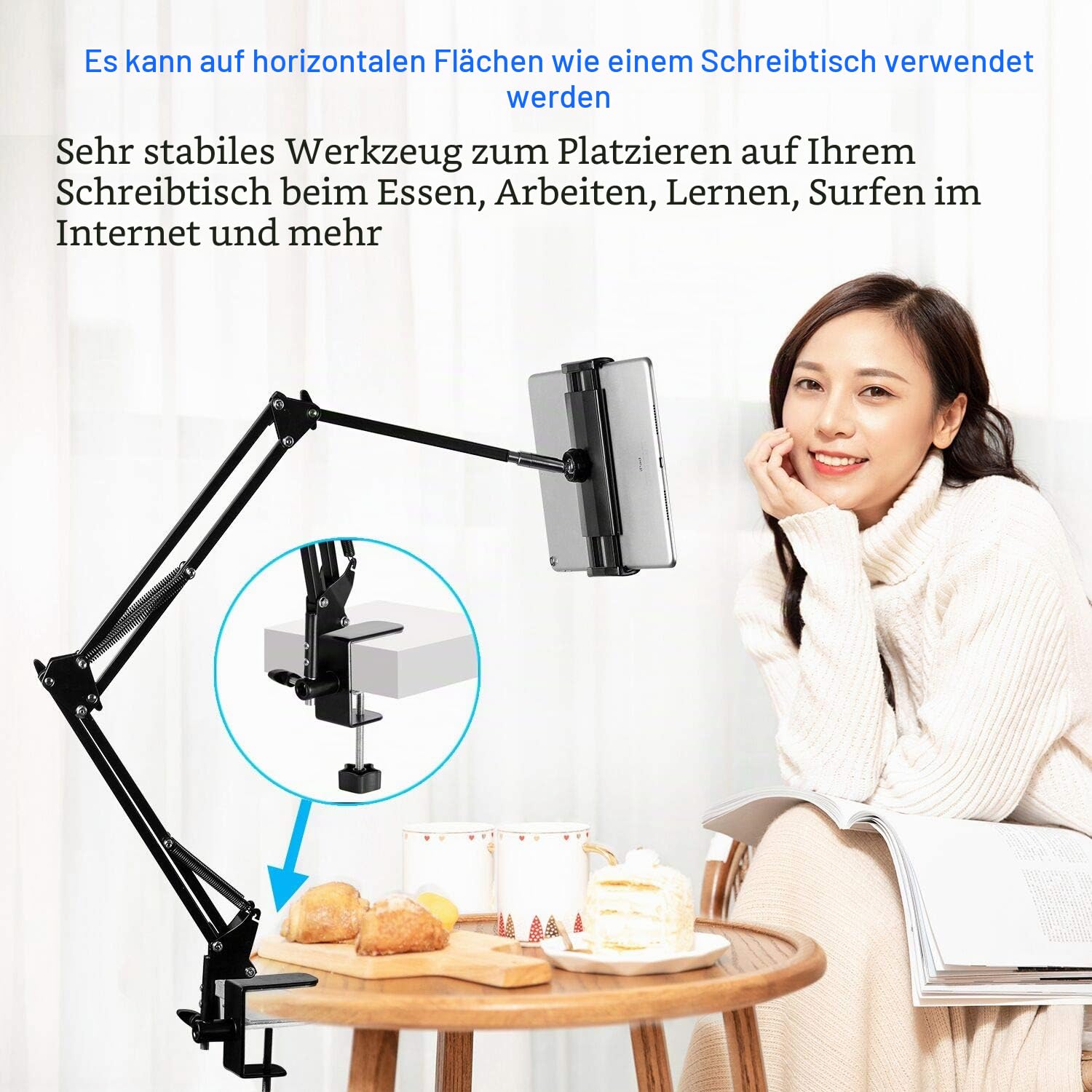 Tablet Ständer für Bett Tablet Halterung Bett Tablet-Ständerhalter 360 Grad Drehbarer mit Stabilem Aluminiumarm für iPad, Tablets, Telefone oder Andere Geräte mit 4,5 bis 12,9 Zoll Bildschirm