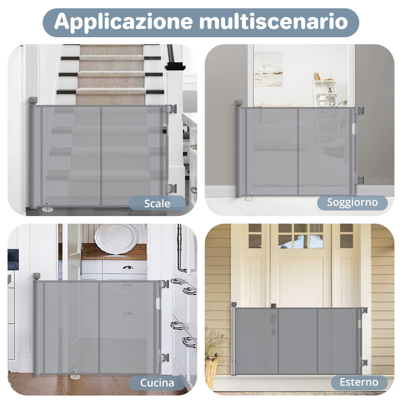 Cancelletto di Sicurezza Retrattile per Bambini, 0-140 cm, Cancelletto di Sicurezza per Cani, Cancello Bambini Adatto per Scale, Corridoi, Interni ed Esterni Grigio