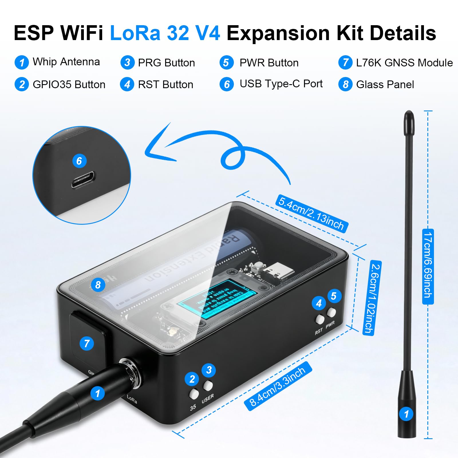 LoRa ESP32 V4 Carte de développement avec capteur TH, module APKLVSR LoRa 32 V4 avec batterie 2800 mAh et GPS, boîtier en verre trempé, ESP32-S3R2, puce LoRa WiFi Bluetooth 1262, pour Arduino