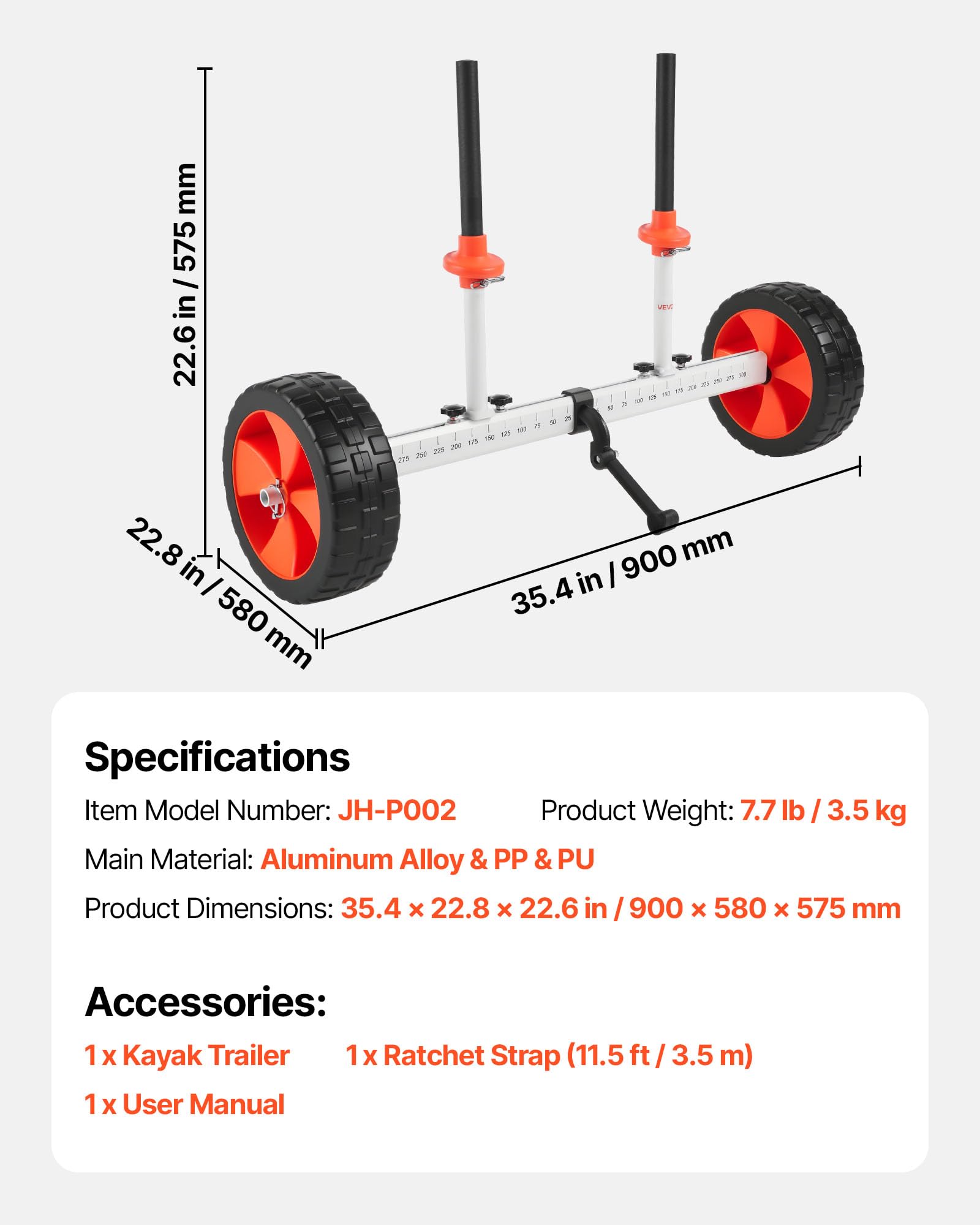 VEVOR Remolque Vertical para Kayak, Remolque de Kayak 900 x 580 x 575 mm con Neumáticos de PU de 25,4 cm y Correa de Amarre, Carga de 104 kg, Carrito para Tabla de Surf de Remo, Kayaks, Canoas