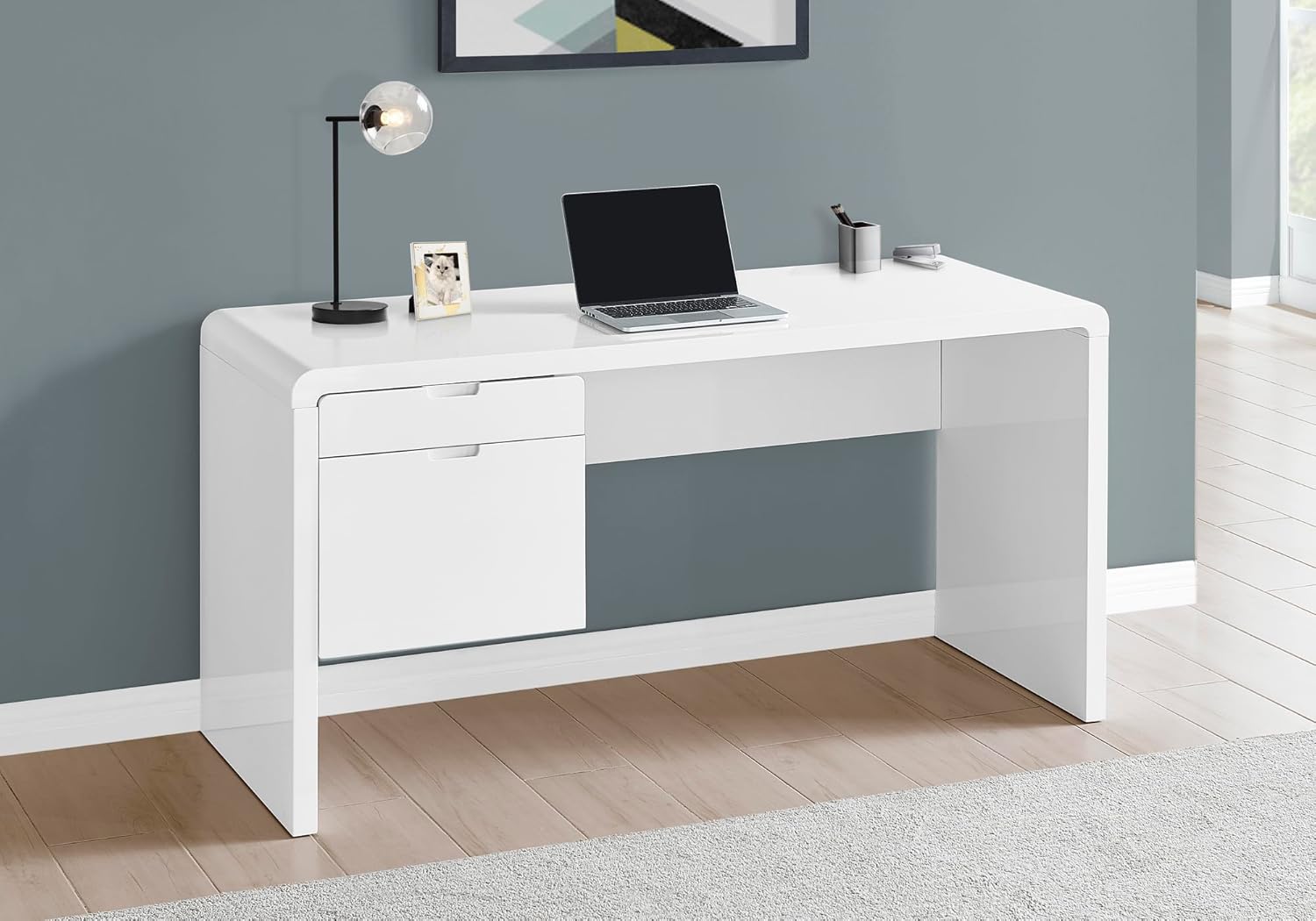 Monarch Specialties I 7581 Computer Desk, Home Office, Laptop, Left, Right Set-up, Storage Drawers, 60" L, Work, Laminate, Glossy White, Contemporary, Modern
