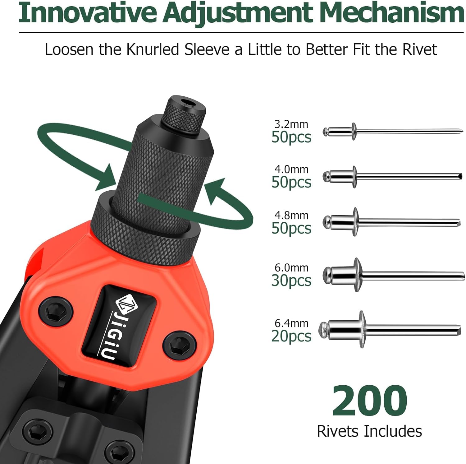 JiGiU 13″ Professional Pop Rivet Gun Kit – Heavy Duty Hand Riveter with 5 Interchangeable Heads & 200 Rivets – Ergonomic Handle for Automotive, Metal, Furniture, DIY Projects