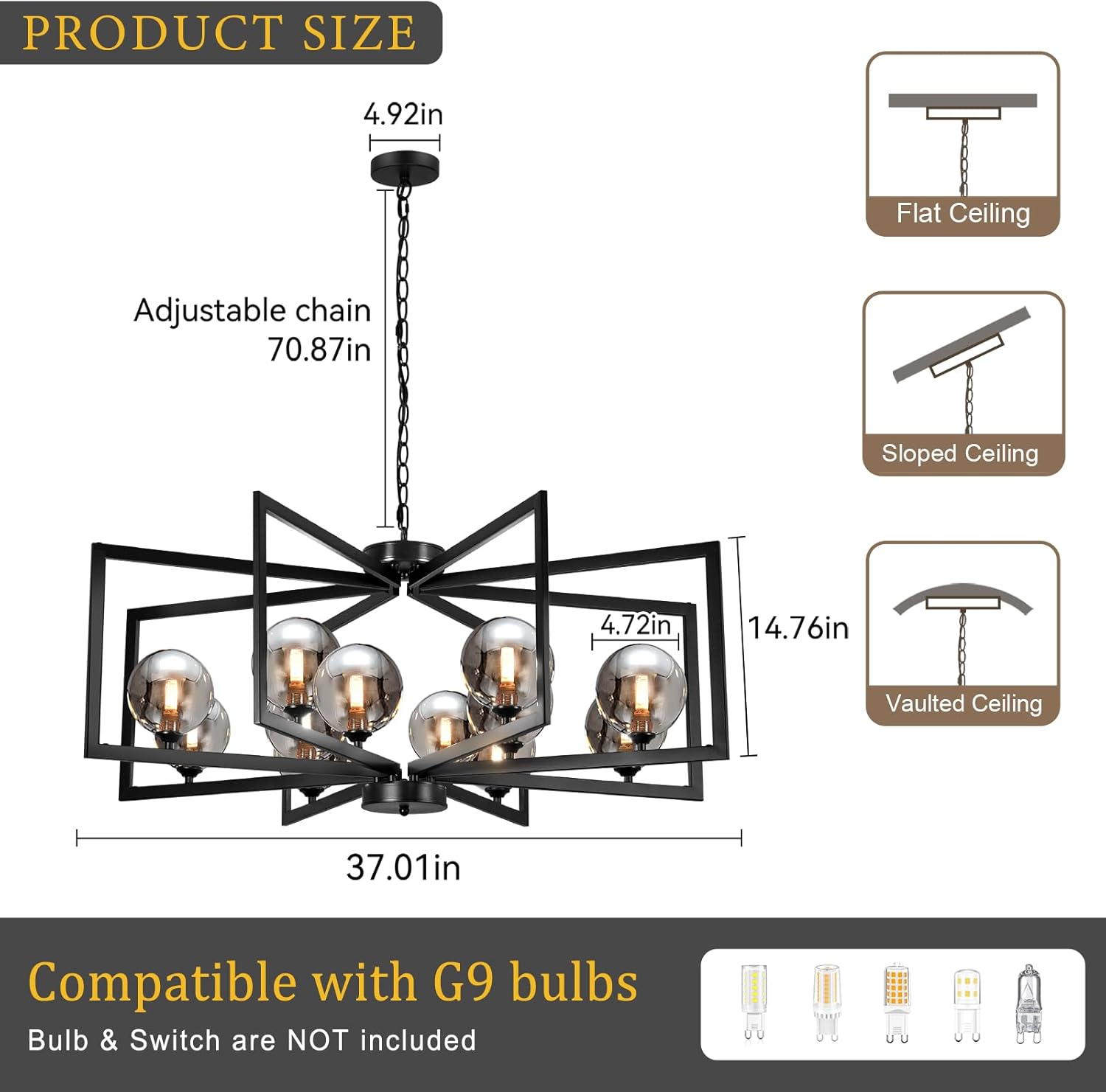 Black Chandelier Large Farmhouse Entryway Light Fixture 37 Incn 12-Light Geometric Chandeliers for Dining Room with Smoked Glass Foyer Chandelier High Ceiling Modern Metal Light Fixture