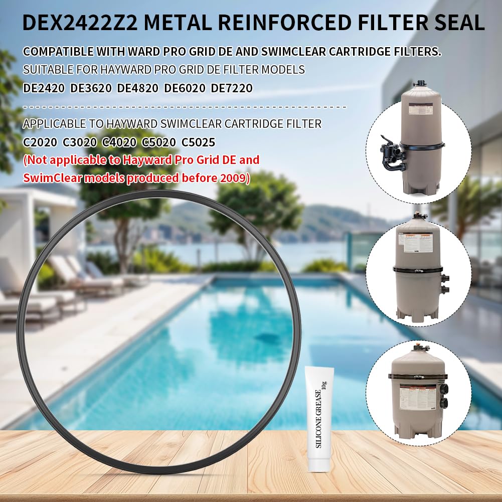 2025 Upgrade DEX2422Z2 Metal Reinforced Replacement Filter Seal Gasket for Hayward Pro-Grid DE/SwimClear Filter, Pool Filtration Accessory (with Lube)
