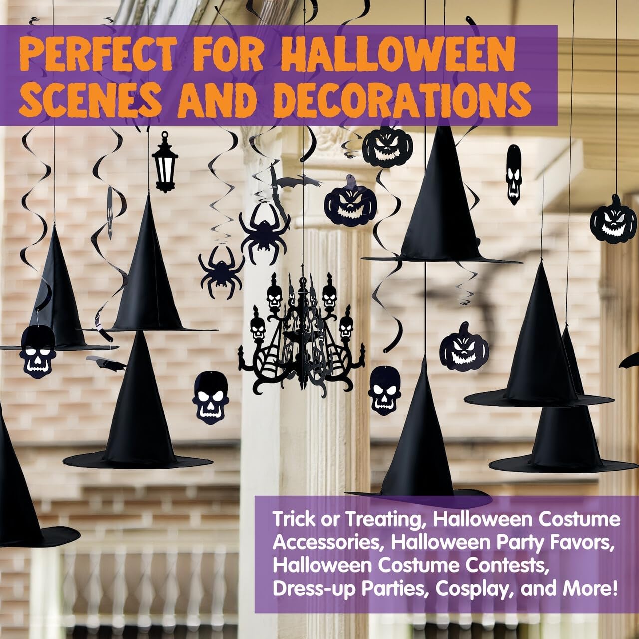 JOYIN 6pcs Hanging Witch Hats Halloween Decorations Indoor 21pcs Swirl Halloween Porch Decor Black, Wall Decorations for Home Yard Porch Ceiling Ornaments Bat Spider Pumpkin Skull Ceiling Streamers