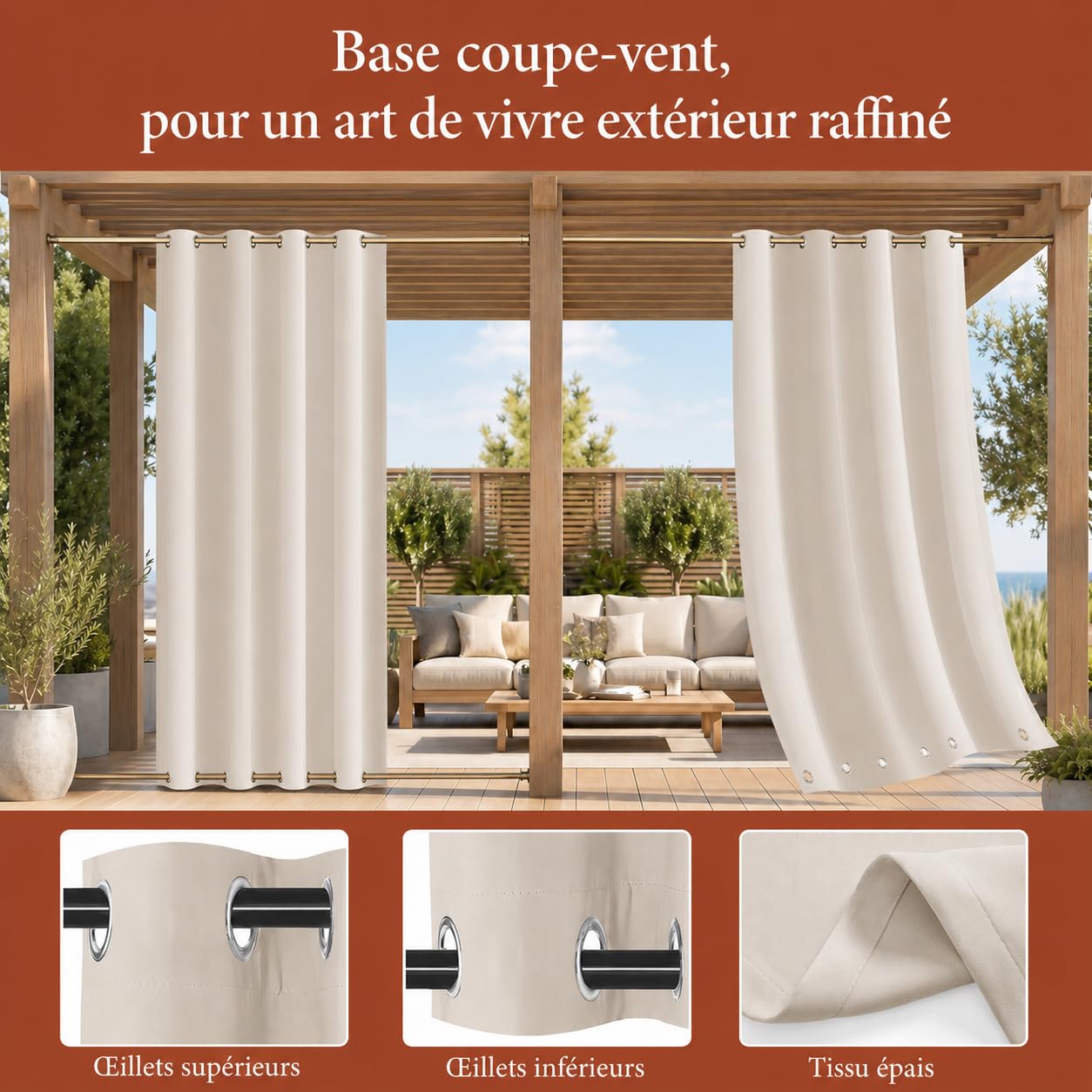 Rideaux d'extérieur imperméables avec œillets, 213 x 132 cm, parfaits pour jardin, balcon, terrasse, protection de l'intimité – Rideaux élégants toutes saisons pour terrasse et extérieur