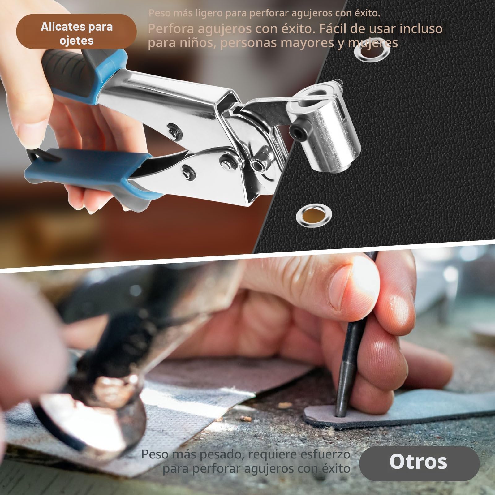 Remachadora para Ojales con 400 Ojetes Metálicos Metálicos (Ø10mm), Alicates de Ojales, para lonas, PVC, Prendas de Vestir y Bolsas(Con 1 Perforadora)