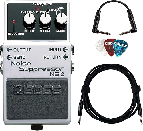 Boss Paquete de supresor de ruido NS-2 con cable de instrumento Roland de 10 pies, cable de conexión Roland de 6 pulgadas y púas