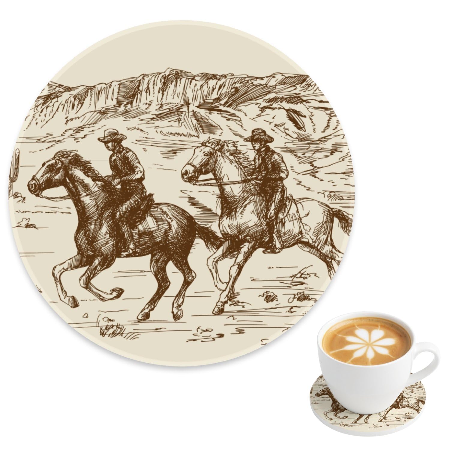Mug Coaster Sepia Brown Cowboy Riders Round Coasters for Drinks, Desk Cup Mat Anti-Slip Coffee Table Decor Home Decoration Living Room Accessories, for Dad Husband Birthday Gifts Men, 4 Inch — image 1