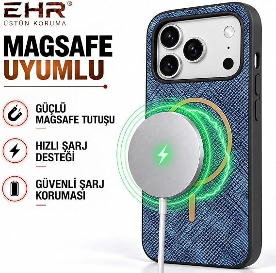 Ehr. iPhone 17 Pro Max / 18 Pro Max ile Uyumlu MagSafe Wireless Şarj Özellikli İçi Kadife Kamera Çıkıntılı Kumaş Desenli Ultra Lüks Premium Silikon Arka Kapak Kılıf (Gri, 17/18 Pro Max)