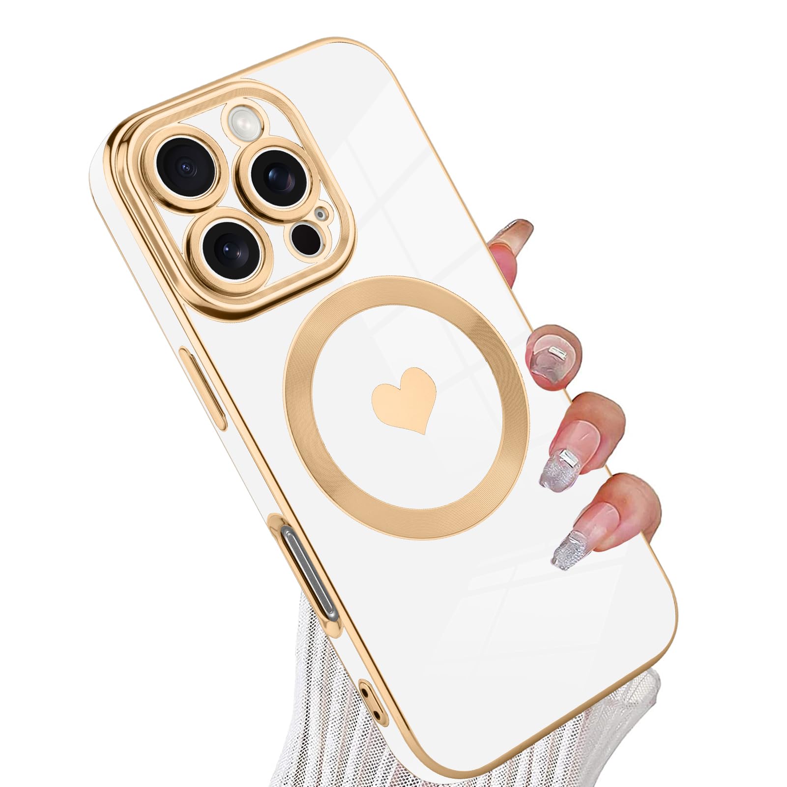 Magnetic for iPhone 16 Pro Max [Magsafe Compatible] Cute Love Luxury Plating Edge Bumper with Full Camera Lens, White (6.7")