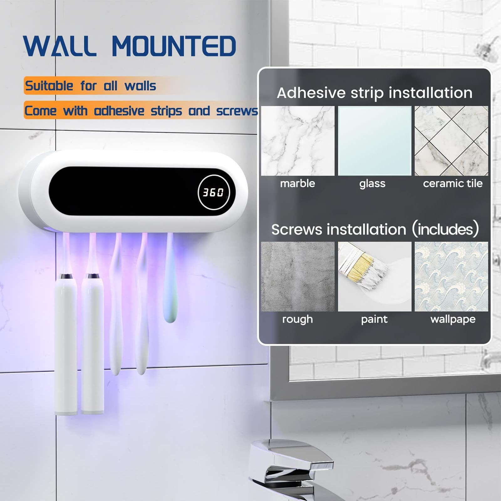 Esterilizador de cepillos de Dientes - Esterilizador y Soporte para cepillos de Dientes UV - 5 bandejas para cepillos de Dientes - Montado en la Pared inalámbrico