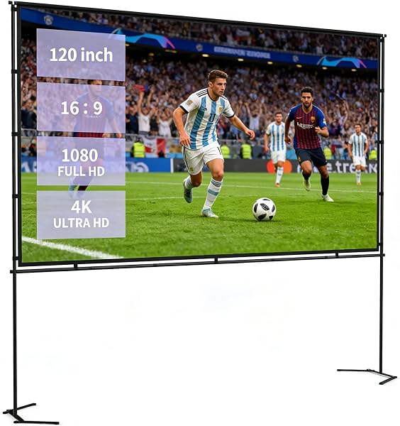 Projector Screen Outdoor with stand, 120 inch 16:9 HD 4K Portable Projection Screen Movie Screen for Indoor & Backyard, Quick Setup Wrinkle-Resistant Frame for Home Theater, Camping, Parties - 1