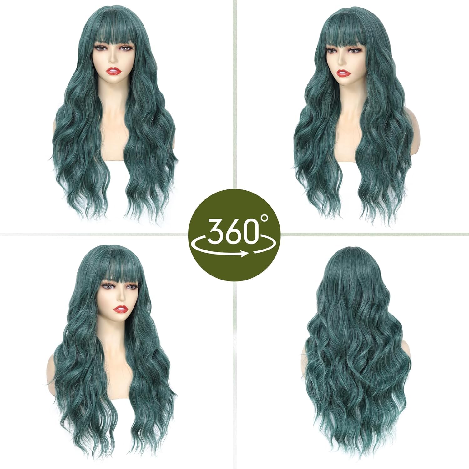 PORSMEER Long Wavy Curly Dark Green Wig with Fringe for Women Natural Synthetic Hair Heat Resistant Wigs for Ladies Daily pr Party Cosplay Wear-26 Inches - Image 3
