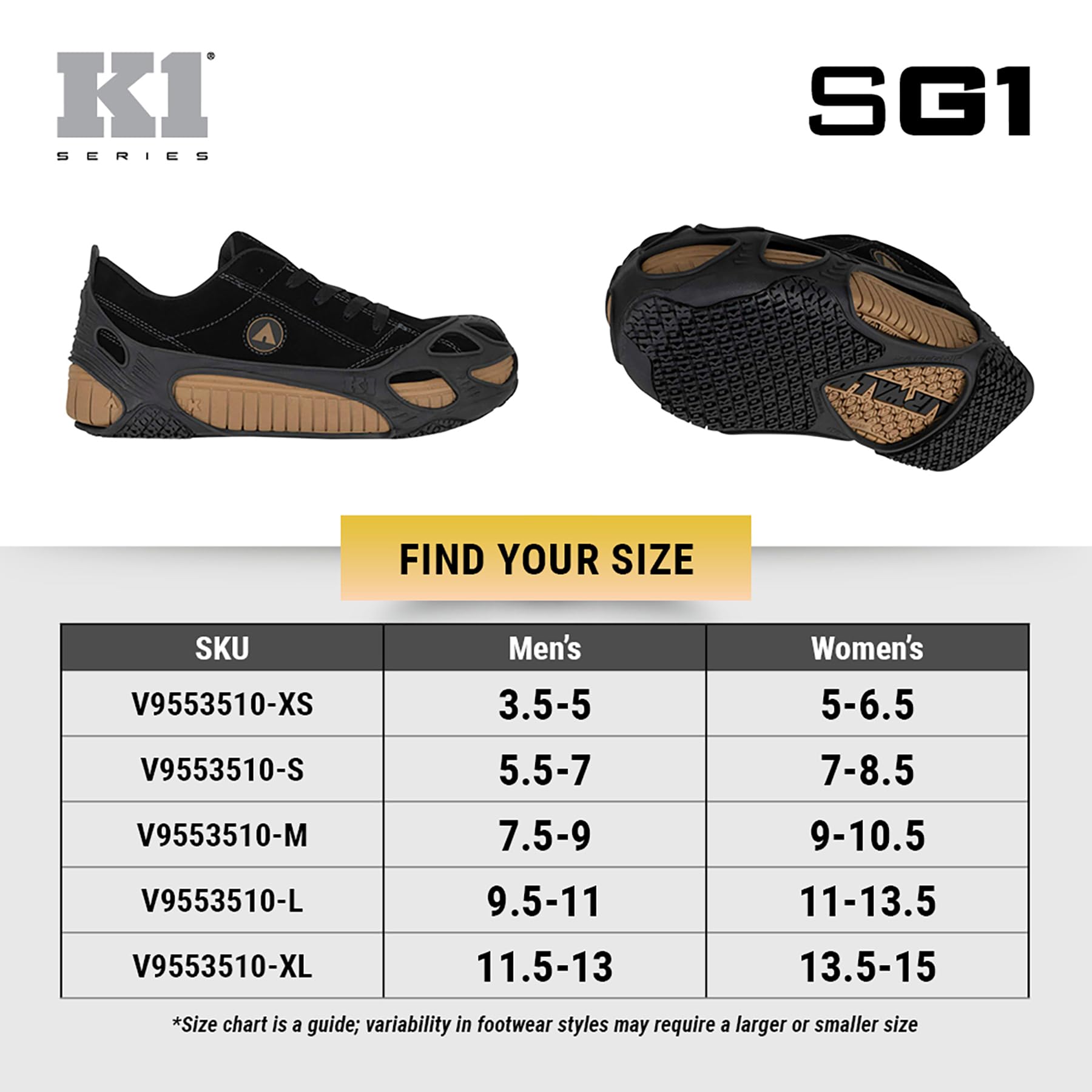 K1 Series SG1 Grip antidérapant sur l'huile et la graisse pour chaussures de travail/sécurité – Aides à la traction pour hommes et femmes dans les services alimentaires, entrepôts