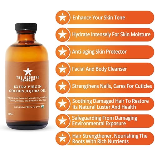 Miniatura 3 de The Goodbye Company Aceite de jojoba dorado extra virgen orgánico USDA  4.25 onzas líquidas aceite de jojoba puro prensado en frío sin refinar