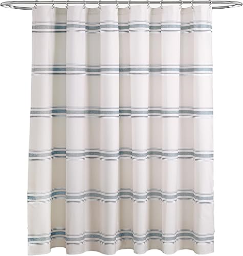 Miniatura 7 de Lush Decor Cortina de regadera estilo granja a rayas de algodón, 72" ancho x 72" largo, azul - Cortina de baño a rayas - Cortinas de regadera de