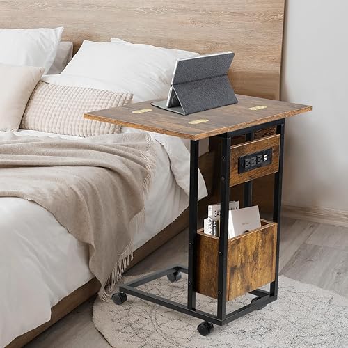 Miniatura 8 de Hadulcet Mesa auxiliar en forma de C con estación de carga y mesa plegable, mesa plegable para TV con almacenamiento, mesa para laptop para sofá,