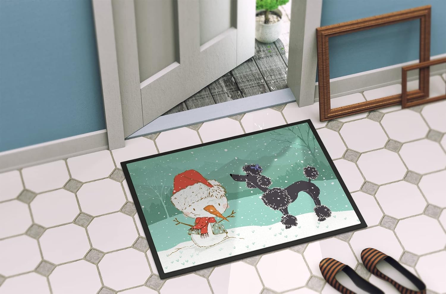 Caroline's Treasures CK2064JMAT Black Poodle Snowman Christmas Doormat 24x36 Front Door Mat Indoor Outdoor Rugs for Entryway, Non Slip Washable Low Pile, 24H X 36W