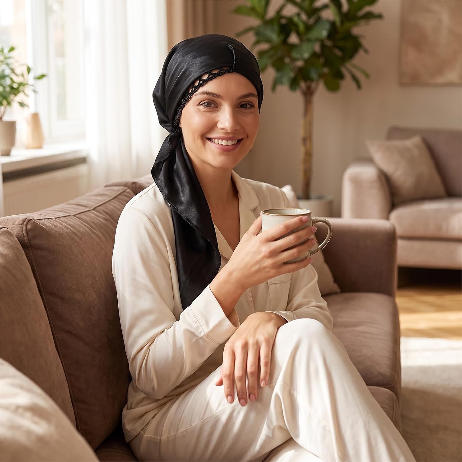 Xinjoduz 1 PCS Wrap Cap Hair Net and Scarf for Silk Press Wrap Black