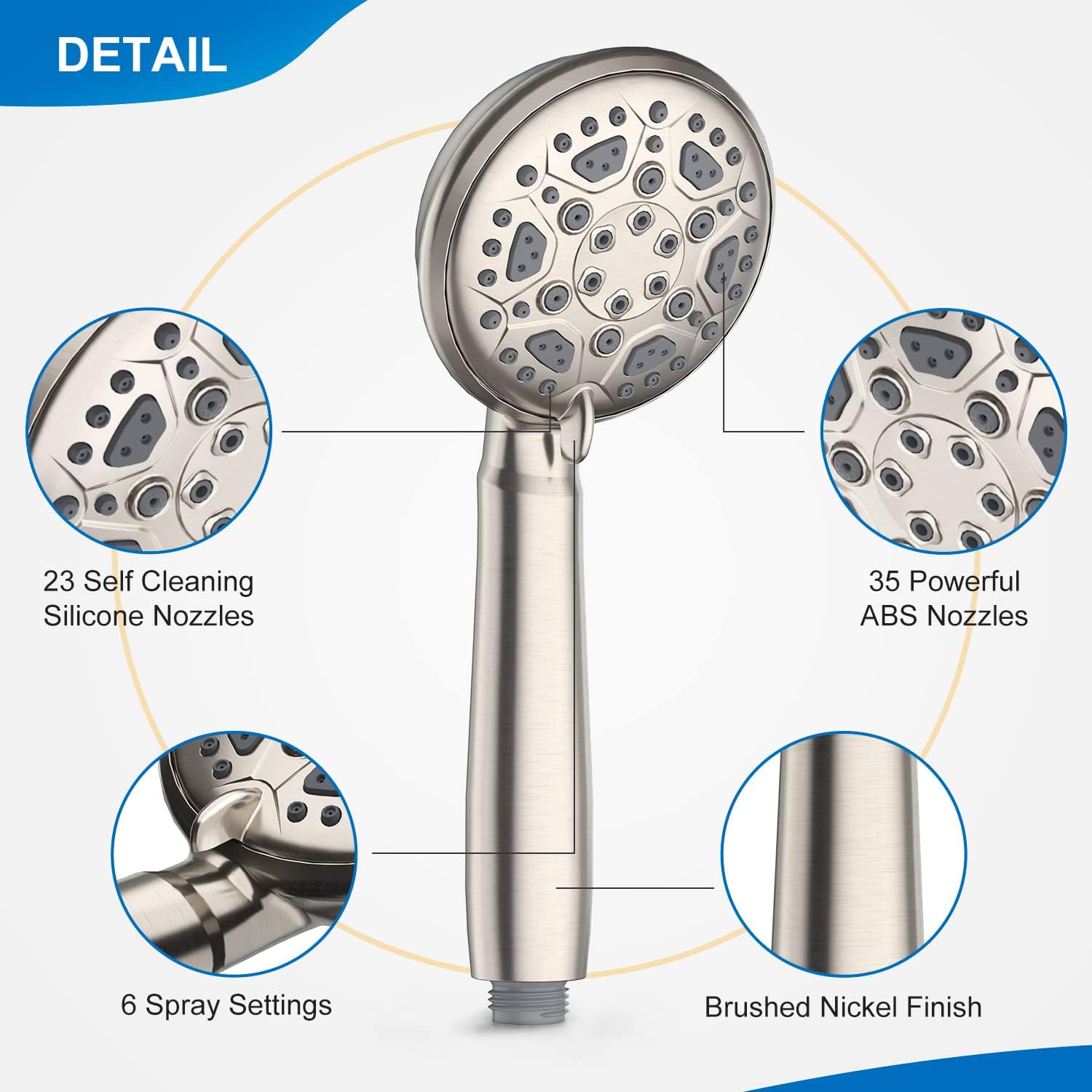 High Pressure Shower Head, Astomi 6 Settings Handheld Shower Head with Hose and Adjustable Bracket, Brushed Nickel