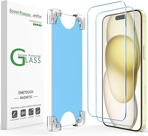 amFilm Paquete de 3 protectores de pantalla magnéticos OneTouch compatibles con iPhone 15, accesorios de vidrio templado de 6.1 pulgadas, kit de