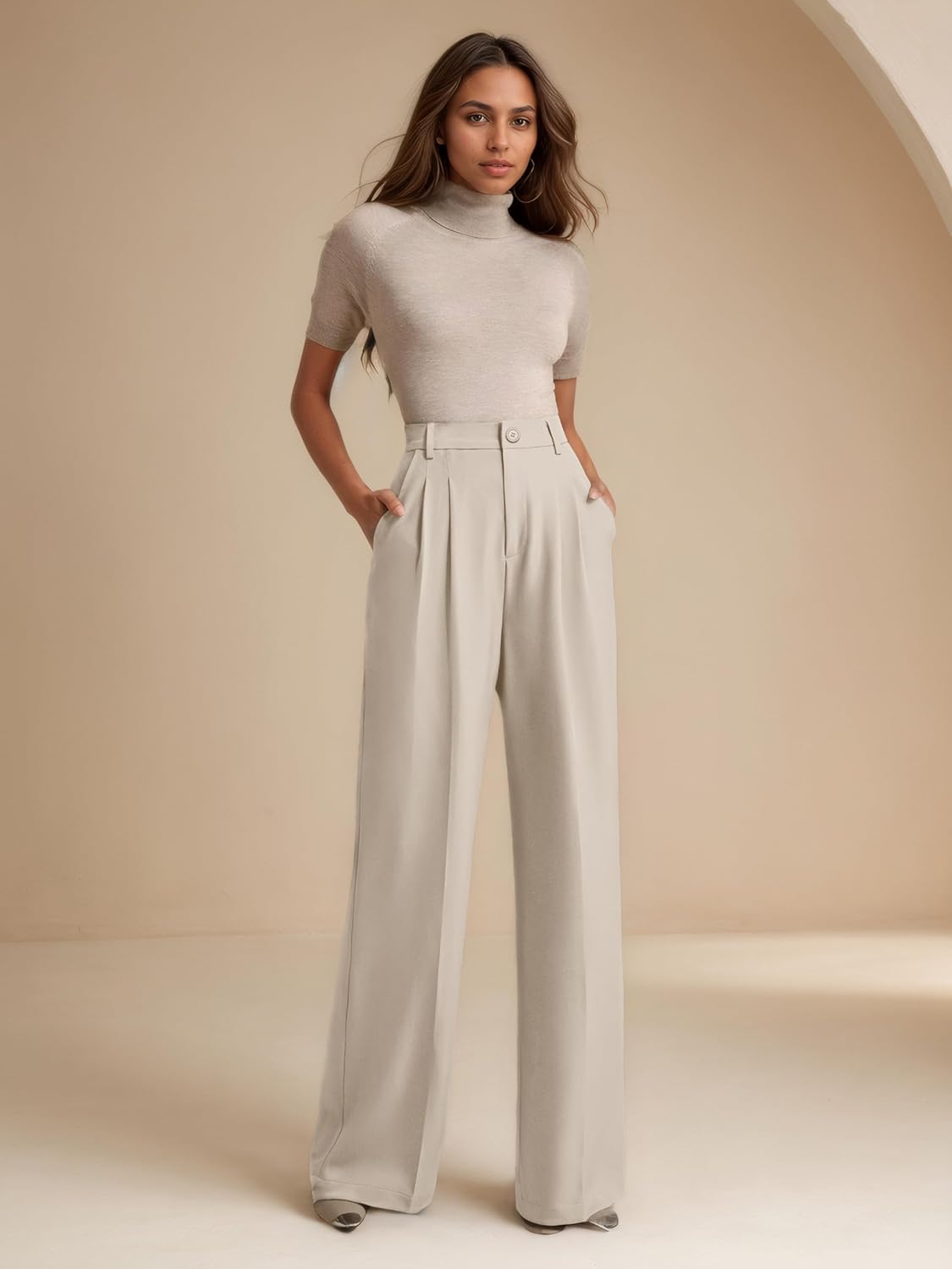 ELLEVEN Women's Casual Wide Leg Dress-Pants, High Elastic Waisted in The Back Business Flowy Trousers with Pockets - Image 6