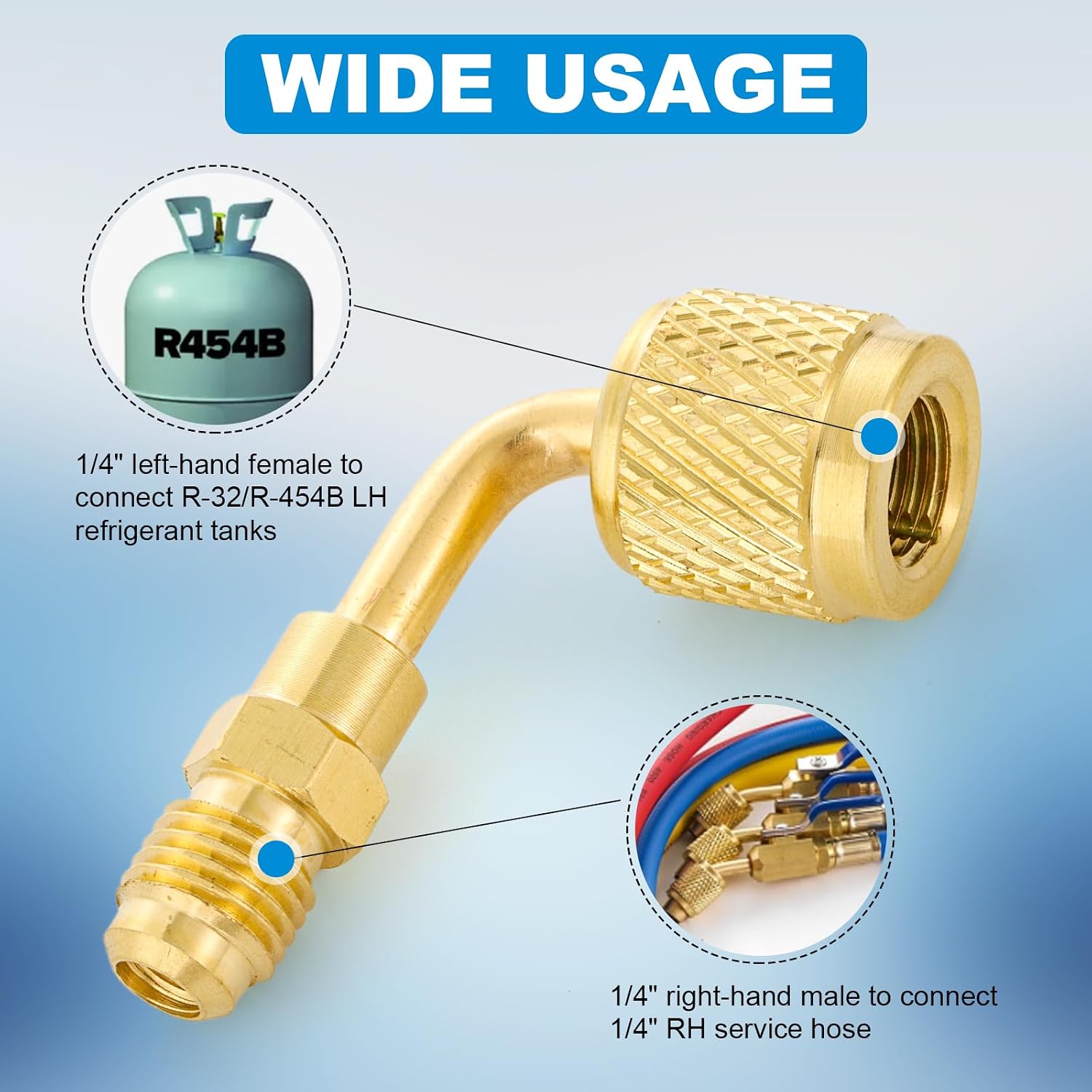 A2L R-32 R-454B Adapter, 90 Degree HVAC Charging Adapter with 1/4"LH Female to 1/4" RH Male Flare for R-454B/R-32 Mini Split Adapter Systems-2PC